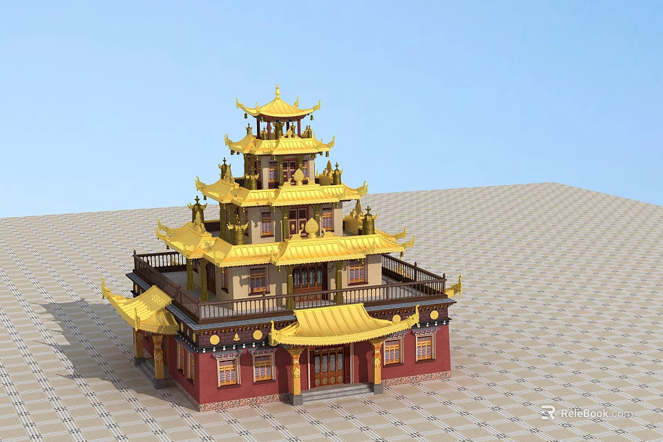 Ancient Chinese Architecture with Multi Tiered Golden Roofs Red Walls and Overhanging Eaves 3d model 