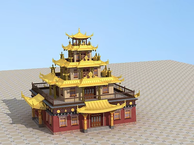 Ancient Chinese Architecture with Multi Tiered Golden Roofs Red Walls and Overhanging Eaves 3d model