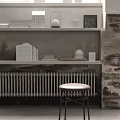 White Radiator In Modern Interior With Brick Wall Wooden Shelf And Stool