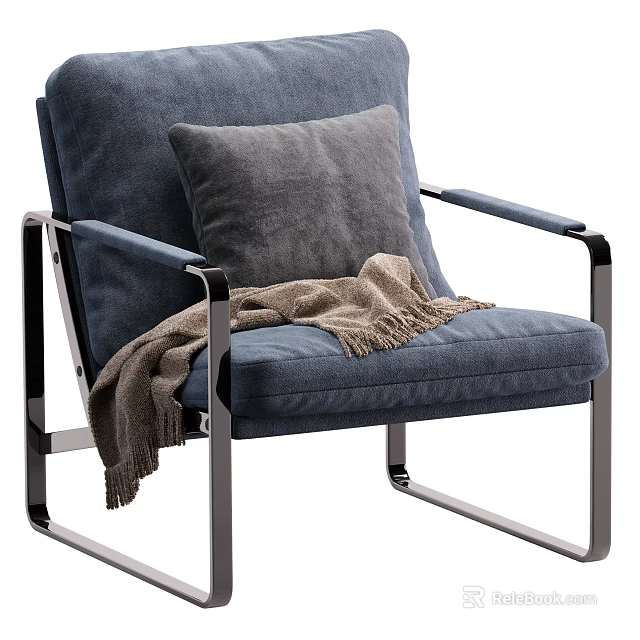 Modern Navy Blue Single Seater Sofa With Grey Cushion Brown Throw Blanket And Metal Frame 3d model 