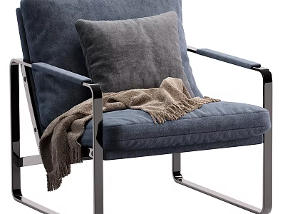 Modern Navy Blue Single Seater Sofa With Grey Cushion Brown Throw Blanket And Metal Frame 3d model