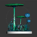 Cartoon Scene Featuring Large And Small Mushrooms With Surrounding Plants On Circular Base