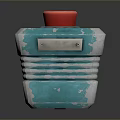 Square Shaped Blue Household Item With Red Lid Silver Stripes And Metal Plate Design