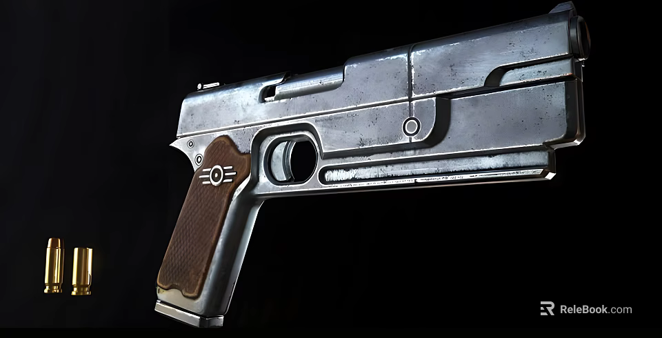 Vintage Pistol Weapon With Silver Metal Body And Brown Wooden Grip 3d model 