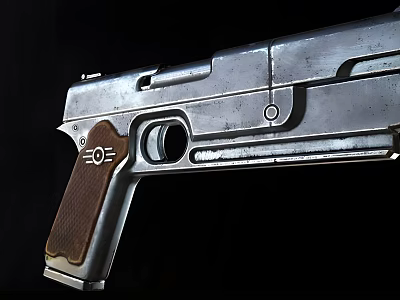 Vintage Pistol Weapon With Silver Metal Body And Brown Wooden Grip 3d model