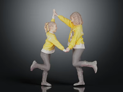 Two Girls In Yellow Sweaters Gray Pants Boots Holding Hands 3d model
