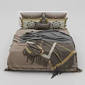 Double Bed with White Frame Brown Bedding Patterned Pillows and Gray Throw Blanket 3d model