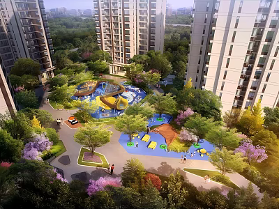 Children's Play Area In Residential Community With Colorful Play Structures Green Trees And Slides 3d model