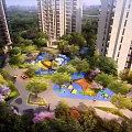 Children's Play Area In Residential Community With Colorful Play Structures Green Trees And Slides