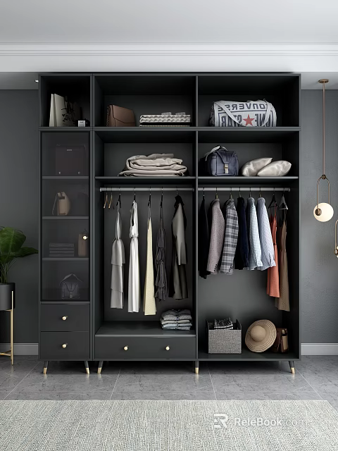 Modern Dark Wardrobe Featuring Organized Hanging Folded Clothes Storage Drawers And Bags 3d model 