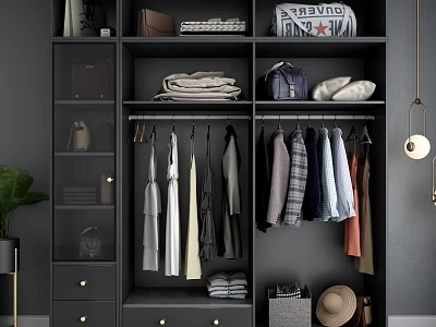 Modern Dark Wardrobe Featuring Organized Hanging Folded Clothes Storage Drawers And Bags 3d model