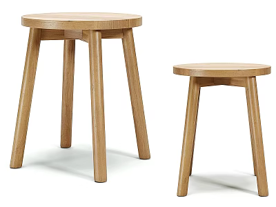 Two Wooden Stools With Round Seats And Different Sizes In Simple Design 3d model
