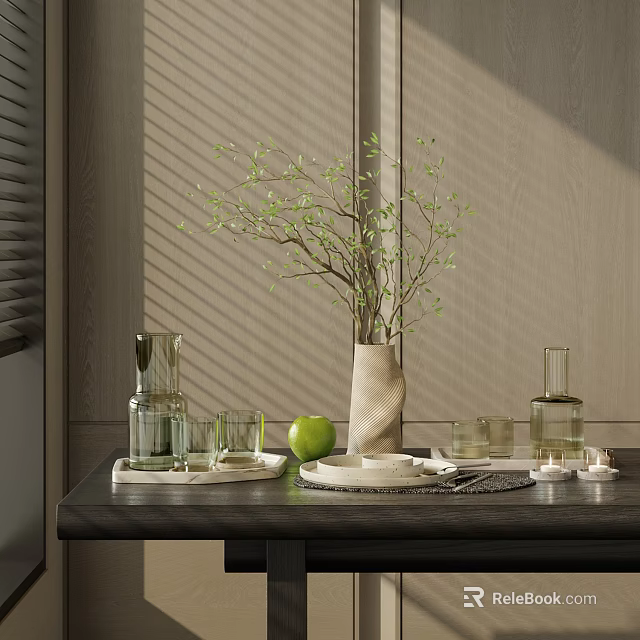 Decorative Ornament Set With Vase Twigs Green Leaves Jug Glasses Apple Plates And Candles 3d model 
