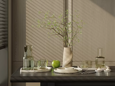 Decorative Ornament Set With Vase Twigs Green Leaves Jug Glasses Apple Plates And Candles 3d model