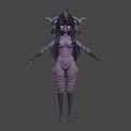Purple Skinned Game Movie Character With Horns Long Black Hair Striped Body On Yellow Background