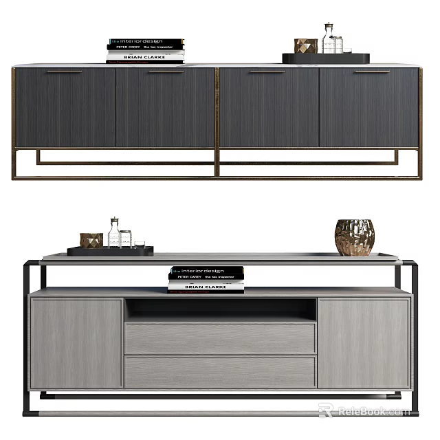 Sleek Modern Entryway And Side Cabinet With Metal Frame Wood Grain Panels And Storage Drawers 3d model 