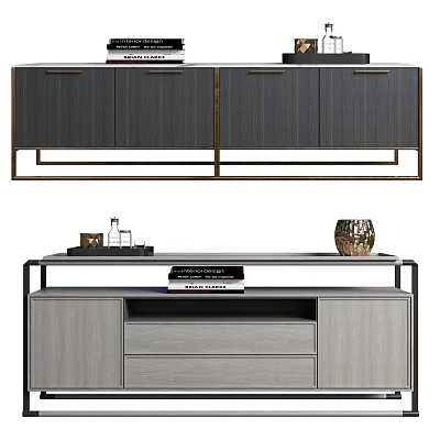 Sleek Modern Entryway And Side Cabinet With Metal Frame Wood Grain Panels And Storage Drawers 3d model