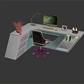 L Shaped White Office Desk With Computer Monitor Desk Lamp Potted Plant And Black Chair