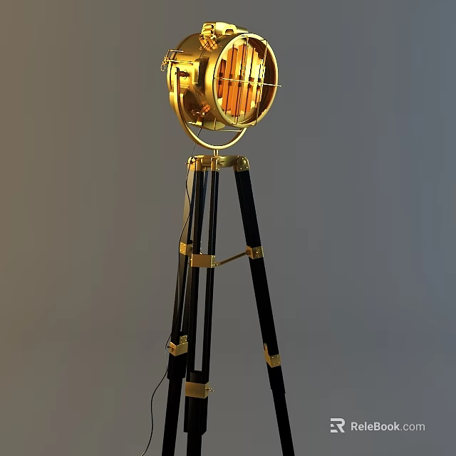 Vintage Industrial Floor Lamp With Gold Metal Tripod Base And Mesh Shade 3d model 