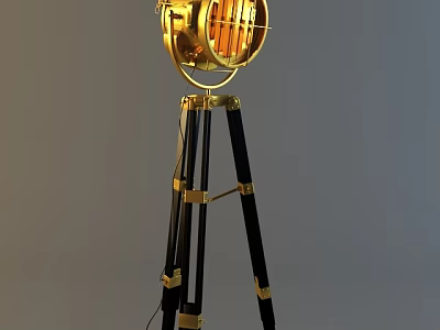 Vintage Industrial Floor Lamp With Gold Metal Tripod Base And Mesh Shade 3d model