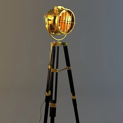 Vintage Industrial Floor Lamp With Gold Metal Tripod Base And Mesh Shade 3d model