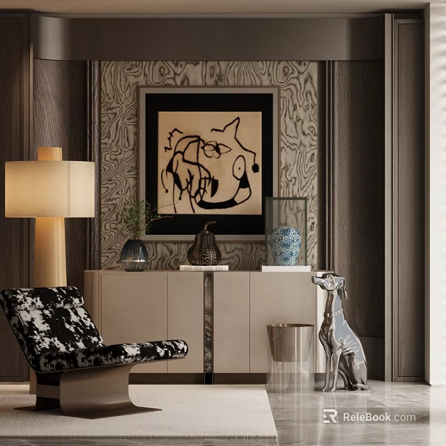 Modern Entryway Cabinet And Side Cabinet With Artwork Table Lamp And Decorative Vase 3d model 