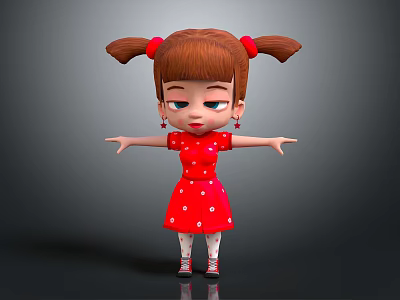 Animated 3D Game Movie Character With Brown Pigtails Red Polka Dot Dress Open Arms Pose 3d model