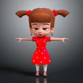 Animated 3D Game Movie Character With Brown Pigtails Red Polka Dot Dress Open Arms Pose