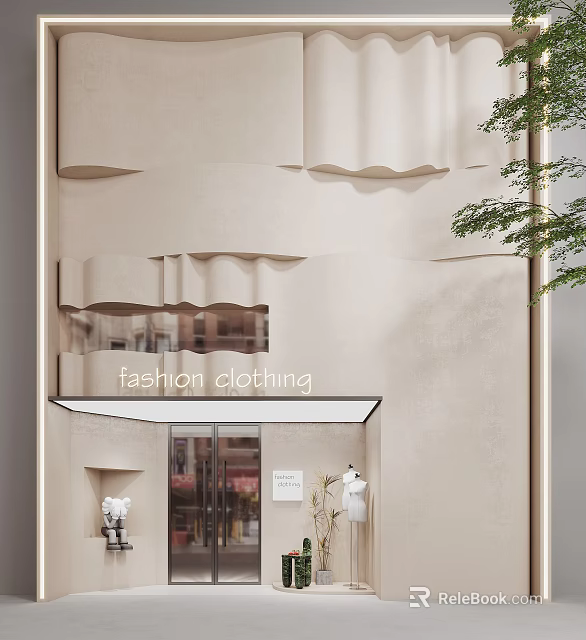 Fashion Clothing Storefront With Wavy Textured Facade Glass Door And Green Plant 3d model 