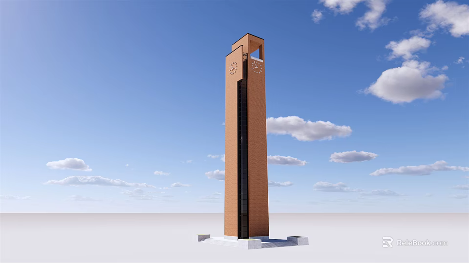 Modern Brown Clock Tower With White Base Against Blue Sky And Clouds 3d model 