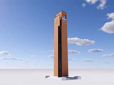 Modern Brown Clock Tower With White Base Against Blue Sky And Clouds 3d model
