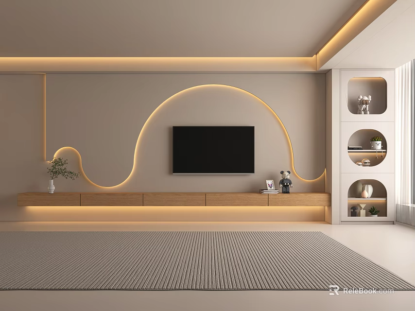Modern TV Wall Design With Curved LED Strips Platform Flat Screen TV And Display Cabinets 3d model 
