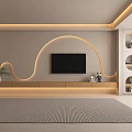 Modern TV Wall Design With Curved LED Strips Platform Flat Screen TV And Display Cabinets