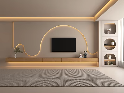 Modern TV Wall Design With Curved LED Strips Platform Flat Screen TV And Display Cabinets 3d model