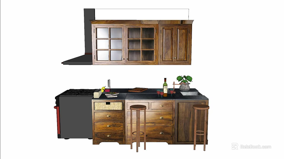 Rustic Wooden Kitchen Cabinets With Glass Doors Island Counter And Stools 3d model 