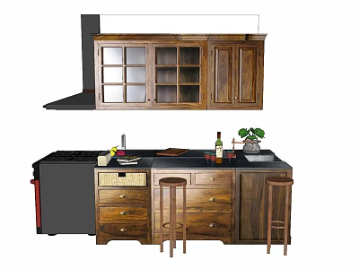 Rustic Wooden Kitchen Cabinets With Glass Doors Island Counter And Stools 3d model