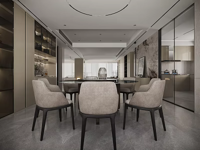 Modern Living Dining Room Interior With Round Table Beige Upholstered Chairs And Ambient Lighting 3d model