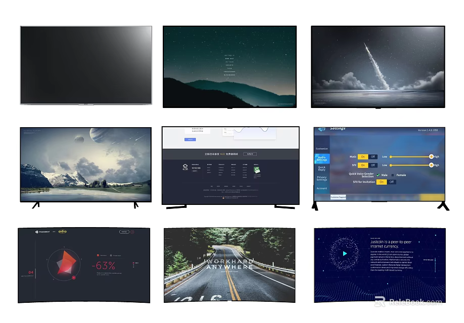 Modern TV Screen Displaying Multiple High Definition Scenes And Various 3d model