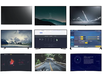 Modern TV Screen Displaying Multiple High Definition Scenes And Various 3d model