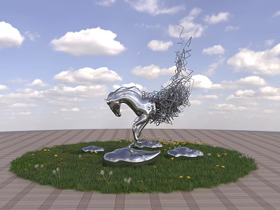Garden Ornament Silver Metal Horse Sculpture With Cloud Base And Yellow Flowers 3d model