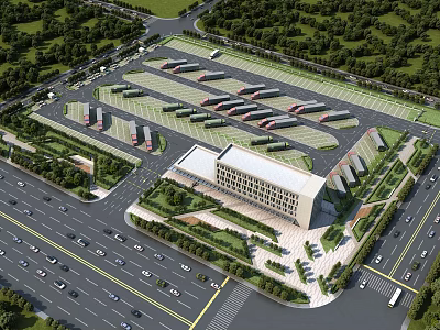Well Designed Large Parking Lot Aerial View With Greenery Surroundings Adjacent Roads and Management Building 3d model