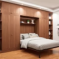 Cozy Bedroom Interior With Wooden Cabinets Bookshelves Green Plants And Flooring