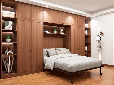 Cozy Bedroom Interior With Wooden Cabinets Bookshelves Green Plants And Flooring 3d model