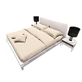 Double Bed With White Headboard Beige Bedspread Pillows Cushions And Nightstands With Black Lamps