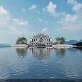 Chinese Style Waterfront Landscape With Lakeside Pavilion And Mountain View