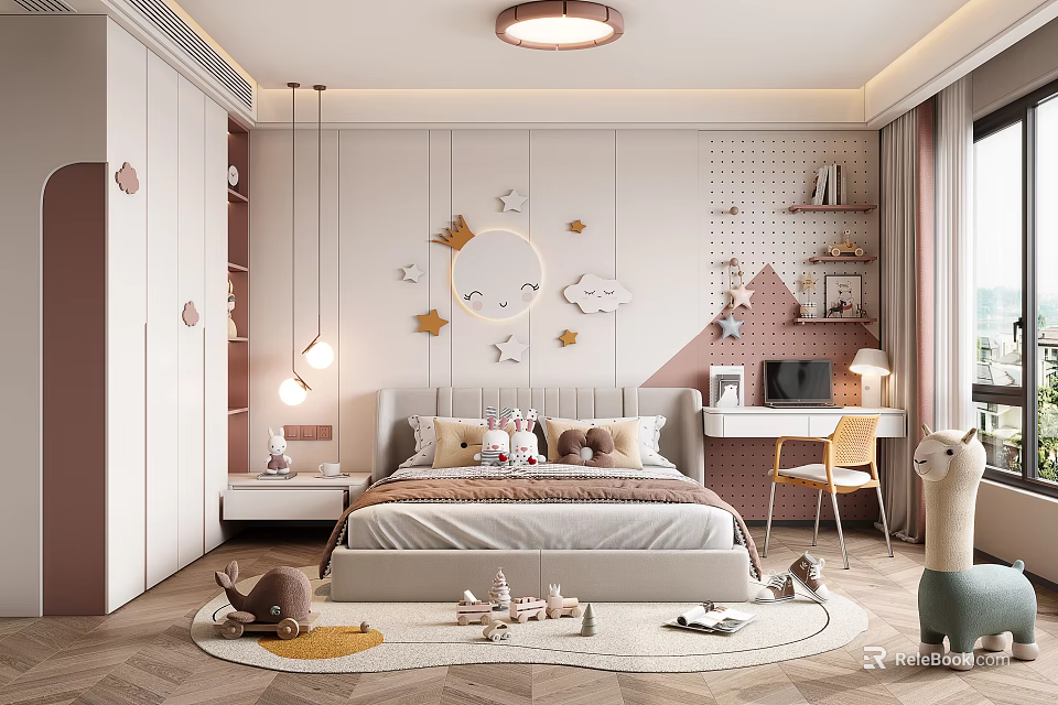 Cozy Kids Room Interior With Star Moon Wall Decor Bed Toys And Desk Chair 3d model 
