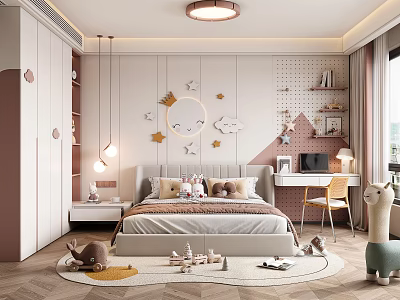 Cozy Kids Room Interior With Star Moon Wall Decor Bed Toys And Desk Chair 3d model