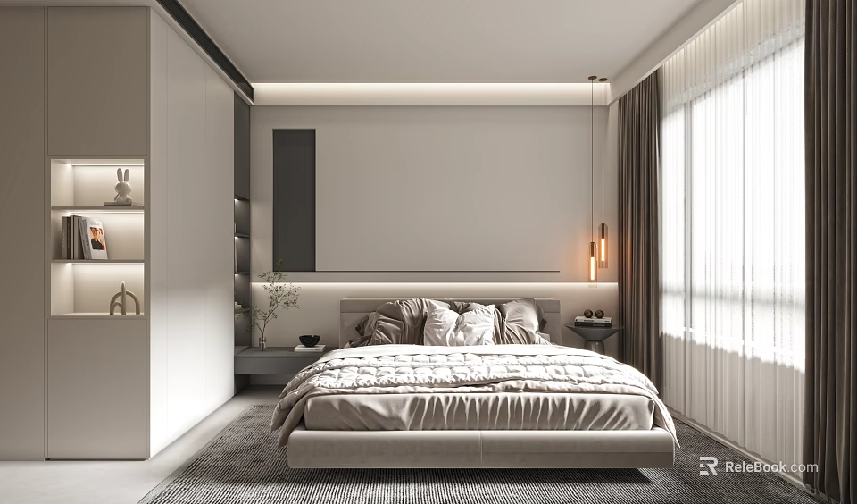 Modern Bedroom Interior With Large Bed Pillows Curtains And Wardrobe 3d model 