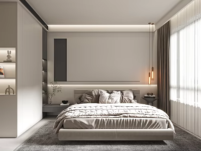 Modern Bedroom Interior With Large Bed Pillows Curtains And Wardrobe 3d model