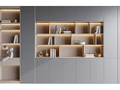 Modern Gray Bookcase With Layered Shelves Built in Lighting And Decorative Items 3d model